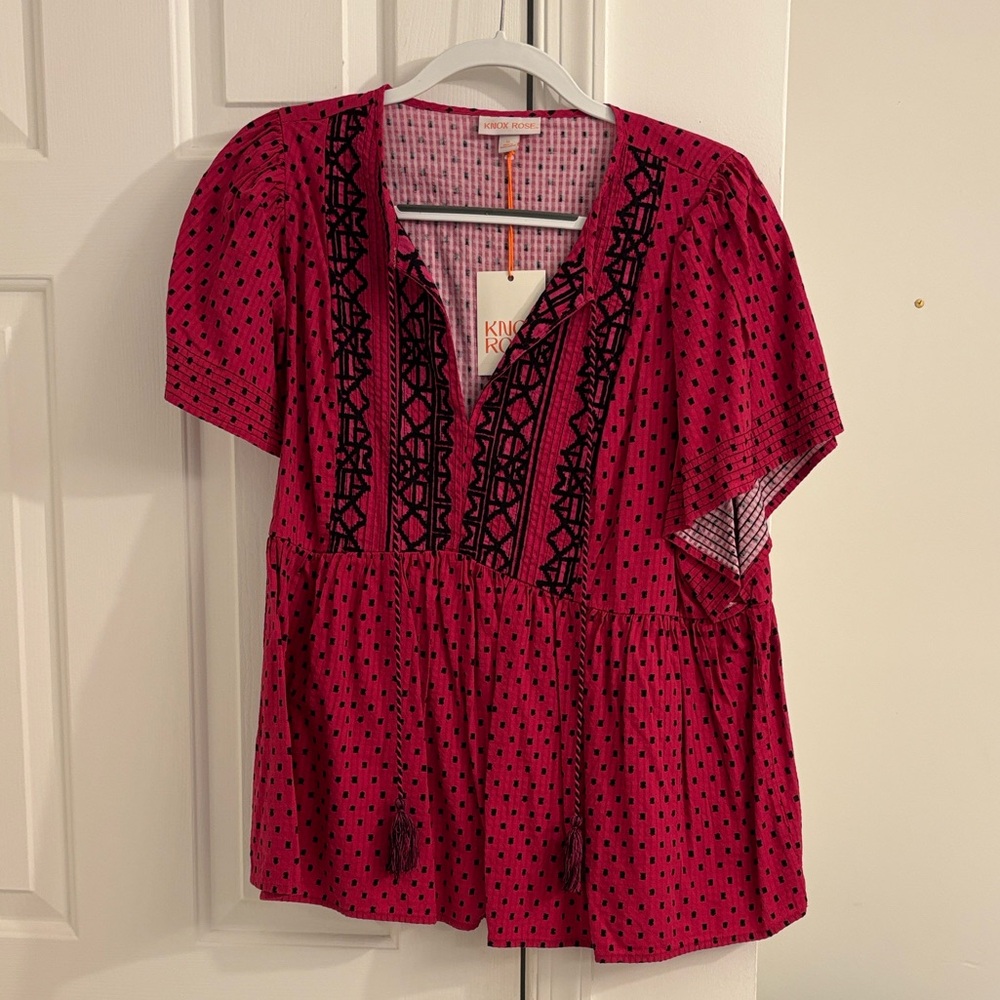 Knox Rose Pink Blouse with Black Embroidery